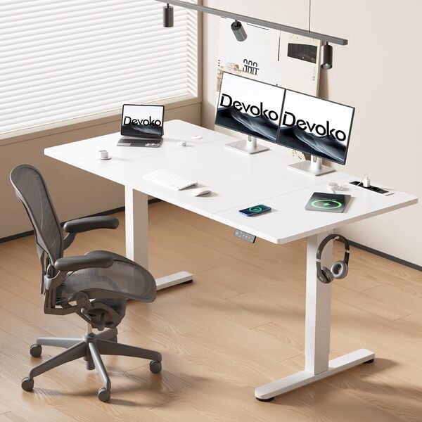 Devoko Bureau Assis Debout 160 × 80cm avec Chargeur Induction, Chargeur USB et 3 Prise Courant, Bureau Réglable en Hauteur Électrique avec 3 Hauteurs de Mémoire (160×80cm,Blanc)