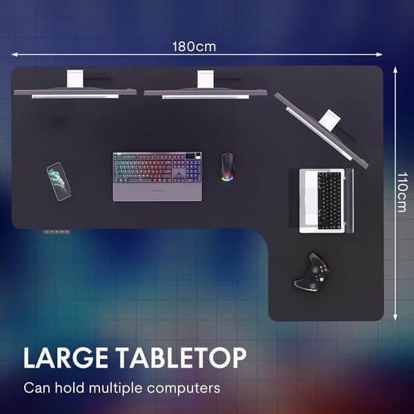 FLEXISPOT Bureau Assis Debout 180x110cm avec 4 Pieds, Bureau en Forme de L Réglable en Hauteur, 2 Moteur Électrique, 4 Emplacements de Mémoire, Noir
