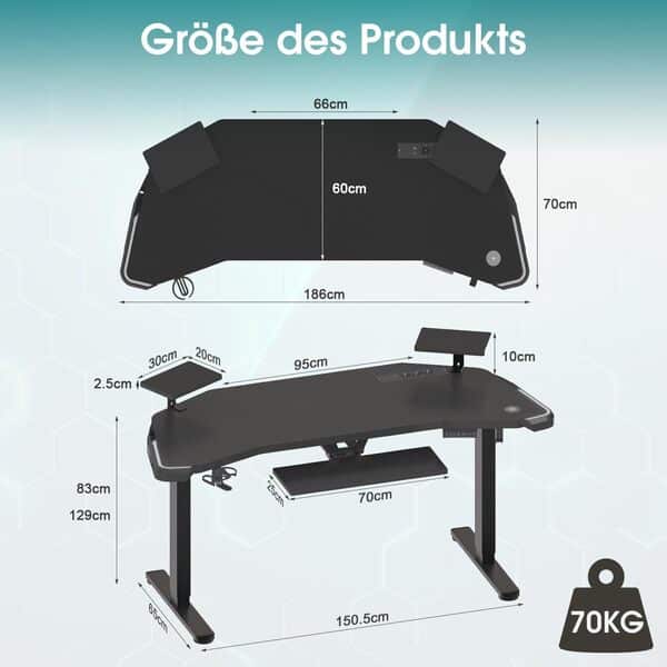 Devoko Bureau Gaming LED 186cm, Bureau Assis Debout Électrique, Bureau Gamer avec Chargeur sans Fil, Prise, Tapis de Souris RGB et Plateau pour Clavier, Bureau Réglable en Hauteur（186cm,Noir）
