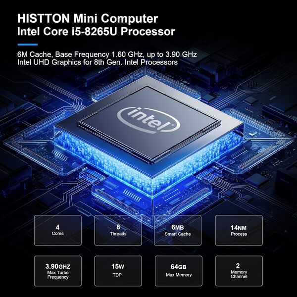 HISTTON Mini PC sans Ventilateur PC Industriel Core i5-8265U, DDR4 16Go de RAM 512Go SSD, 2 RS232 COM, 2 LAN, 2 HD Dual Output, USB3.0, WiFi, BT4.2, Mini PC de Bureau, Windows 11 Pro Mini Ordinateur