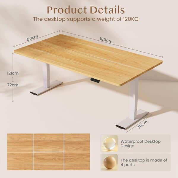 FLEXISPOT Bureau Assis Debout 180 x 80 cm avec 2 Moteurs Puissants, Table Stable Réglable en Hauteur, Bureau Électrique avec Fonction Mémoire (Blanc + Maple)