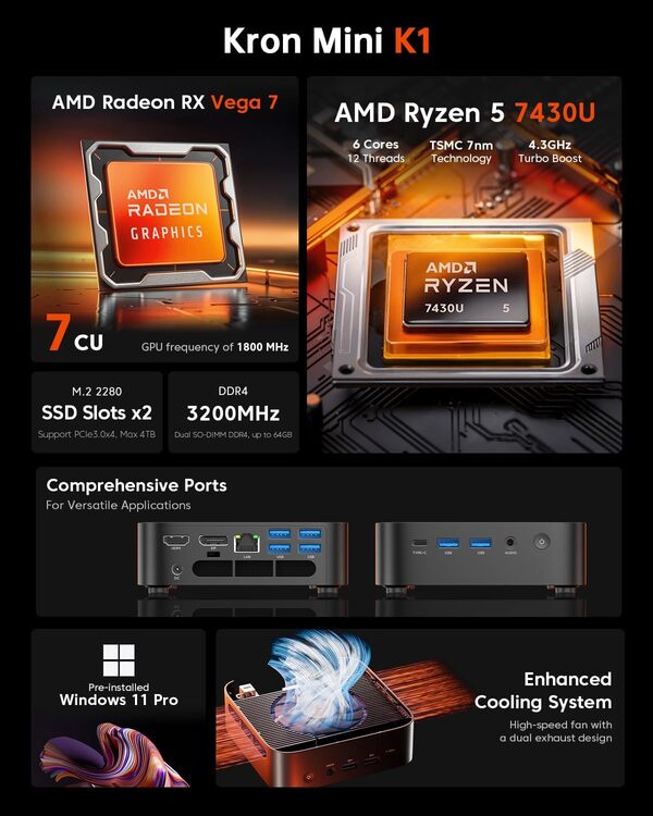 ACEMAGICIAN Mini PC AMD Ryzen 5 7430U(6C/12T, jusqu'à 4,3 GHz),32 Go DDR4 512 Go SSD,Mini Ordinateur de Bureau Windows 11 Pro | WiFi 6 | BT 5.2 | 4K Triple Display
