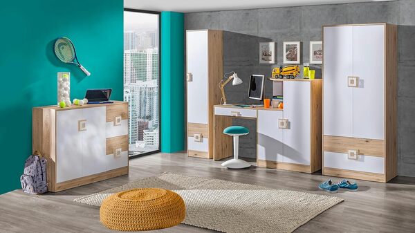 Bureau Nimes 11, 150x120x50 cm, Bureau avec Tiroirs x1, Table avec 2 Portes, Table de Bureaus avec 3 Étagères, Bureaux en Panneau de Particules Stratifié, Desk, Chêne Clair/Blanc